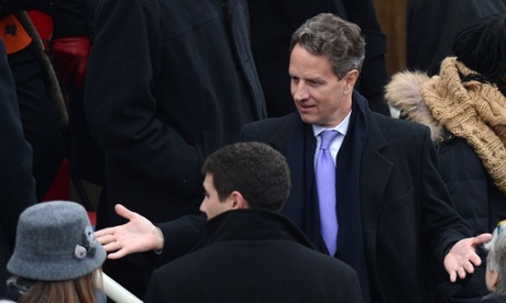 US Treasury Secretary Timothy Geithner takes a day off from the financial crisis to watch Barack Obama take the oath of office.