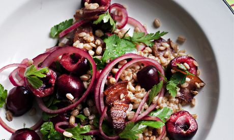 Nigel Slater's pearled spelt and bacon on a round plate