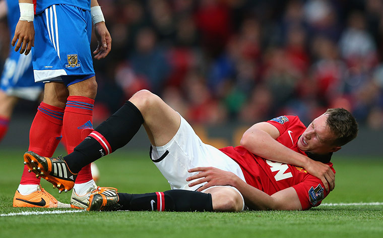 United Hull: Phil Jones after sustaining an injury in a collision with Maynor Figuero