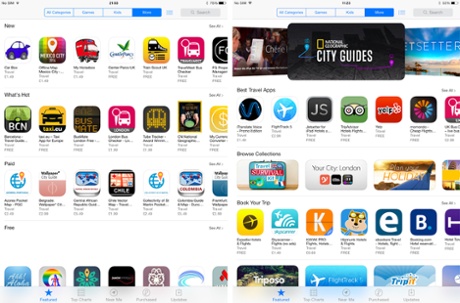 The iPad version of the App Store's travel category homepage.