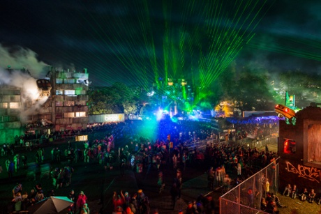 Glastonbury dance village on Friday night (left to right): London Underground, Genesis, NYC Downlow, Block 9.