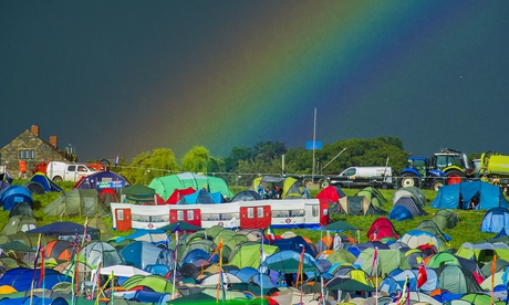 Rainbow and campers at Glastonbury 2014