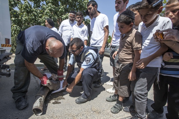 Israeli bomb disposal experts pick up the remains of a rocket fired by Palestinian militants from the Gaza Strip, outside a house in Netivot.