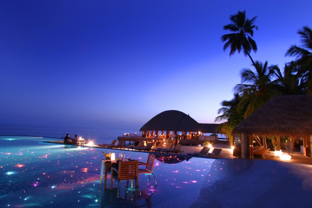 Lit by fibre optic lights the pool at the Huvafen Fushi Resort in the Maldives is positively trippy.