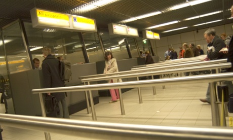 Passport control at Amsterdam airport.