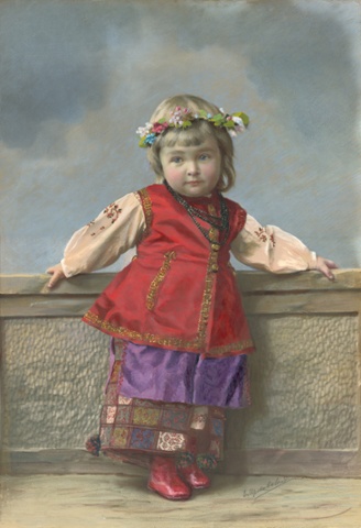 Portrait of girl in Little Russia costume. Saint Petersburg. 1900s Gelatine silver print, painting.