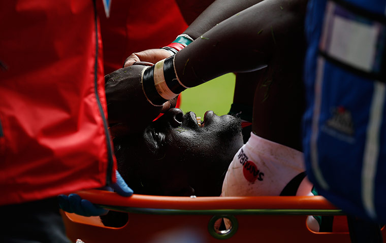 Rugby Sevens TJ: Humphrey Kayange Emonyi of Kenya is carried off with a serious injury 