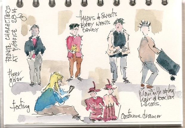 jawenold took time to sketch some characters and flyer distributors while waiting for her son to collect tickets. ' I do know it is spelt 'drama' not 'dramer'. Doh!'