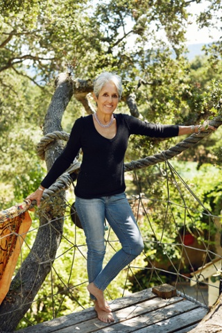 Joan Baez photographed for Observer Magazine in the treehouse at her home in California