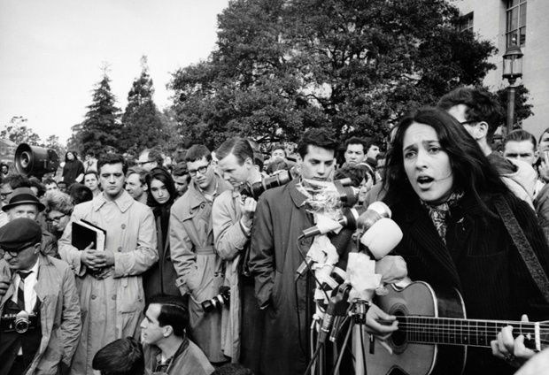 Joan Baez performs at a rally for the Free Speech Movement at the University of California at Berkeley in 1964
