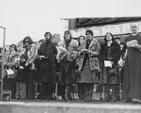 Joan Baez and Northern Irish peace activists during the Ulster Peace Rally in Trafalgar Square, London, 27 November, 1976