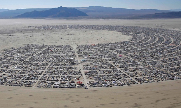 An aerial view of the festival and camps.