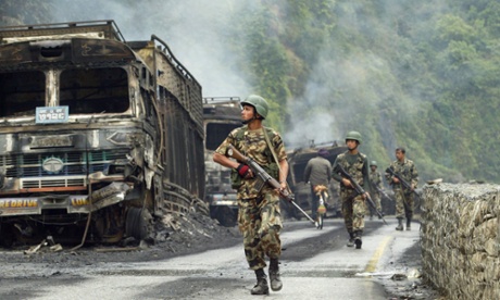 Nepalese soldiers patrol during the civil war in 2005.
