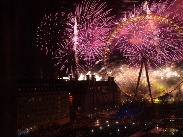 'NYE at the London Eye: Having sneaked into an office block nearby, we had the best view in the house, complete with smuggled champagne. The fireworks burst all over the sky.'