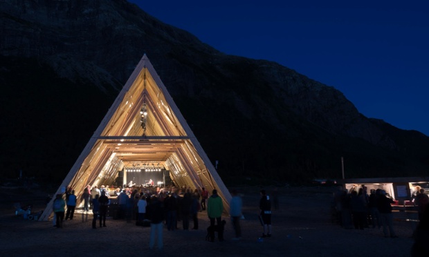 Festival goers gather around the main stage. Performances during the opening weekend included musicians from the Arctic Philharmonic Orchestra and Norwegian electronic artist Biosphere.