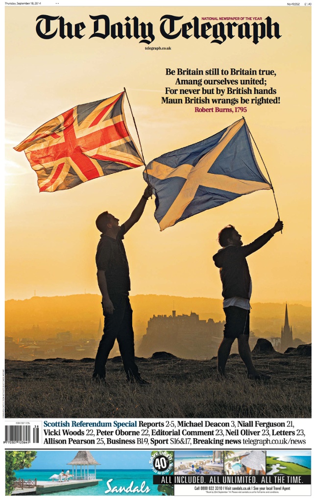 Scottish Independence Referendum Day Newspaper Front Pages In