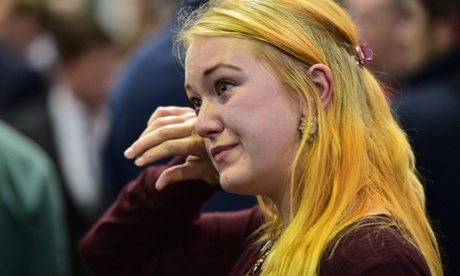 A member of the Radical Independence Campaign cries as referendum results are announced at the Royal Highland Centre in Edinburgh, Scotland, on September 19, 2014. Scotland appeared set to reject independence on Friday with 23 out of 32 voting areas declared and the crucial Glasgow region having given its result. AFP PHOTO / LEON NEALLEON NEAL/AFP/Getty Images pdl