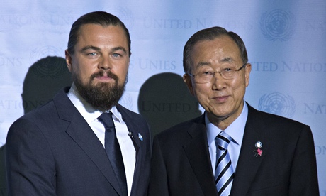 United Nations secretary general Ban Ki-moon with actor Leonardo DiCaprio during his designation ceremony as the UN Messenger of Peace. Photograph: EPA