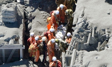 Japanese rescue workers carry an injured person from a mountain lodge on Mt Ontake. Photograph: Kyodo/Reuters