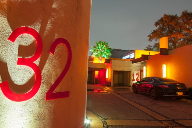 Exterior lighting creates a warm romantic glow.