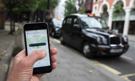 A black cab meets an Uber mobile app.