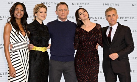Bond’s buds ... Naomie Harris, Léa Seydoux, Daniel Craig, Monica Bellucci and Christoph Waltz at a Spectre photocall