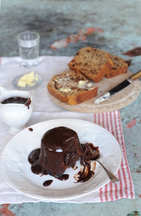 Dark chocolate pud with a silky salted chocolate honey sauce competes for attention with a honeyed Earl Grey tea loaf.