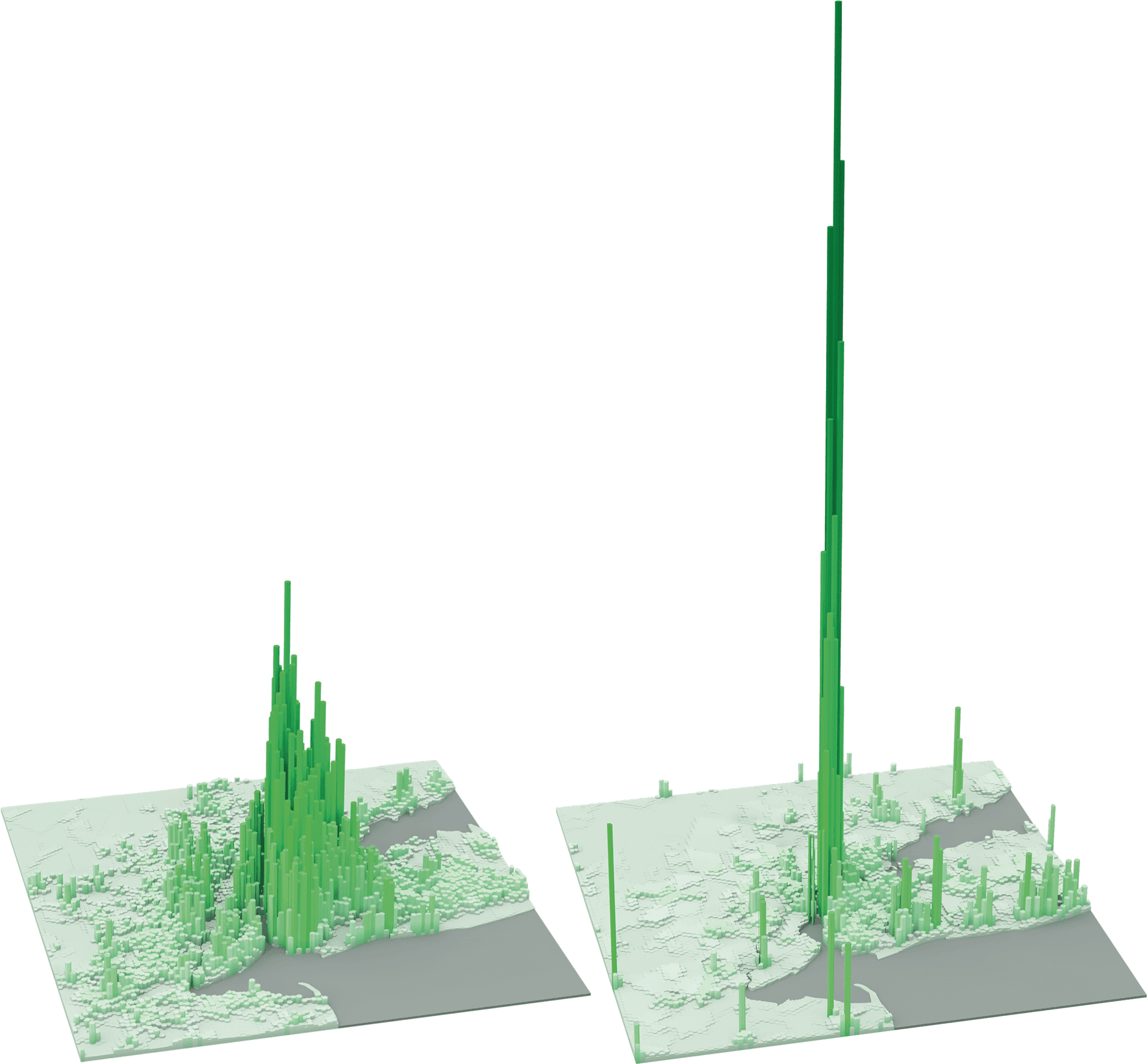 New York’s employment peak of over 150,000 jobs per km2 is found in Midtown Manhattan above West 42nd Street, close to Times Square. Outside Manhattan, employment activities are relatively low.