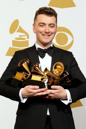 Sam Smith at the Grammy awards after winning record of the year and song of the year for Stay With Me, best pop vocal album for In the Lonely Hour and best new artist.