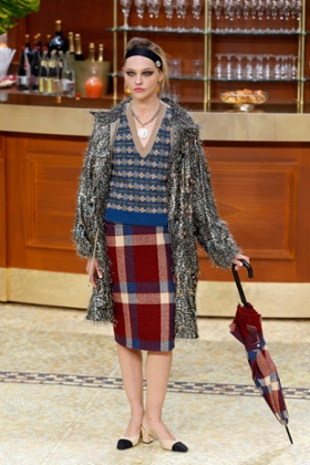Russian model Sasha Pivovarova showing Lagerfeld’s practical coats and skirts