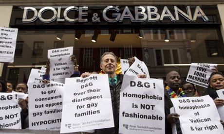 Human rights activist Peter Tatchell joins protests outside the Dolce & Gabbana shop on Bond Street in London.