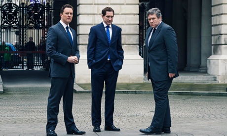 L-R Mark Dexter as David Cameron, Bertie Carvel as Nick Clegg and Ian Grieve as Gordon Brown in the Channel 4 drama Coalition