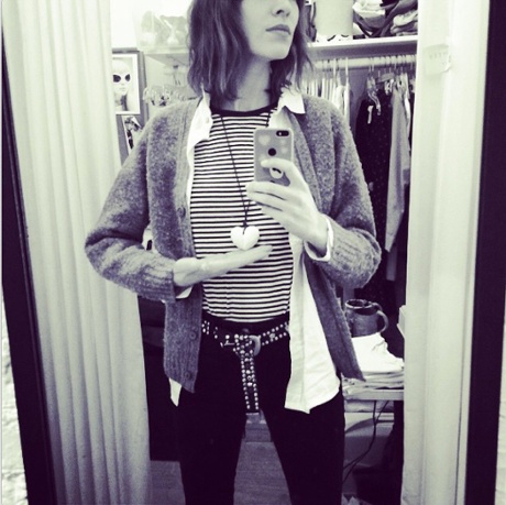 Alexa Chung in classic 1990s bobbly cardigan mode