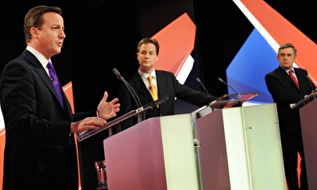 Cameron, Nick Clegg and Gordon Brown during the 2010 TV debates.
