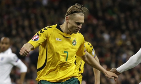 Lithuania's Arturas Zulpa during the Euro 2016 Group E qualifying soccer match between England and Lithuania at Wembley.