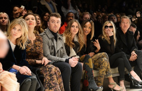 Clemence Posey, Maggie Gyllenhaal, Sam Smith, Cara Delevingne, Jourdan Dunn, Kate Moss and Mario Testino at the Burberry Prorsum AW 2015 show