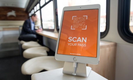 An iPad sits ready to digitally scan passes on one of Leap Transit's luxury buses in San Francisco