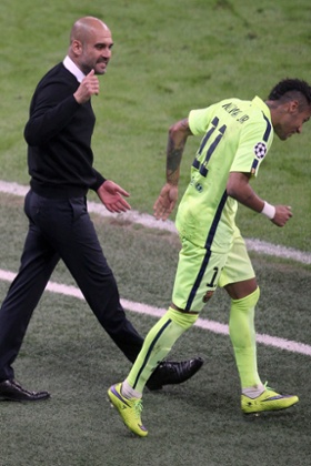 Pep Guardiola in playful mood with Neymar, Barcelona's destroyer of the Bayern dream.