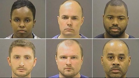 Photographs of six Baltimore police officers charged in relation to Freddie Gray’s death (L-R: top row: Alicia D White, Brian Rice, William Porter; bottom row: Edward Nero, Garrett Miller, Caesar Goodson).