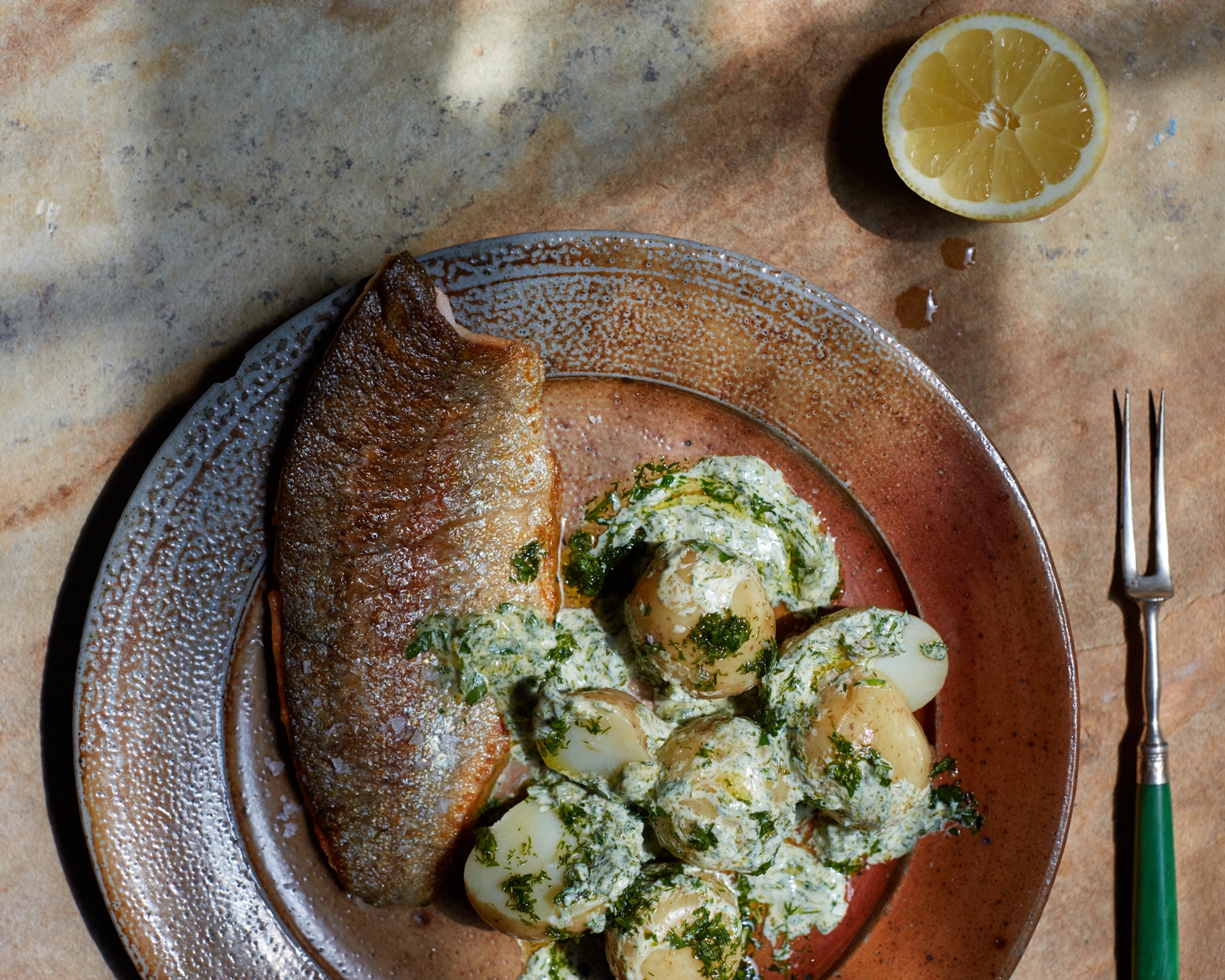 Green goddess with trout and new potatoes-image