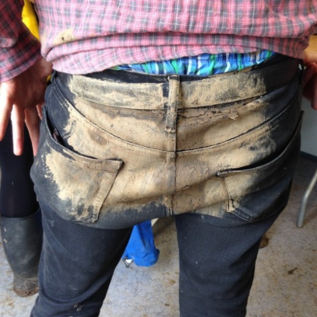 Rain overnight + a muddy walk from the campsite = muddy Gwilym. #guardianglasto #glasto2015