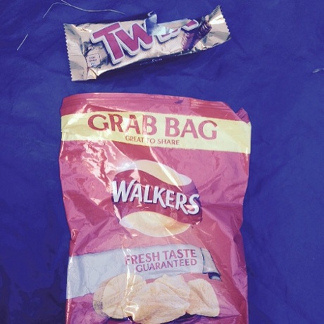 Sunday morning breakfast: a Twix and the few crisps I didn't spill into my bag straight after opening them.