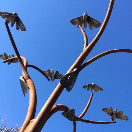 An Indigenous artwork along the Yindyamarra sculpture walk in Albury, NSW, representing the Bogong moth migration.