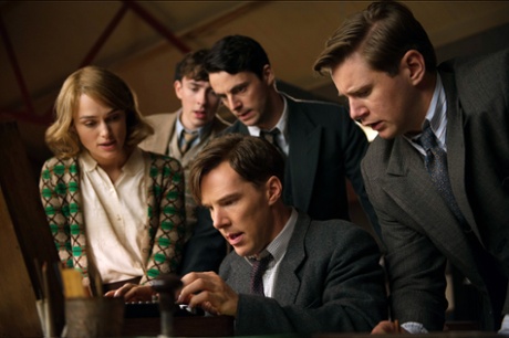 Keira Knightley, James Northcote, Matthew Goode and Allen Leech with Benedict Cumberbatch in The Imitation Game.