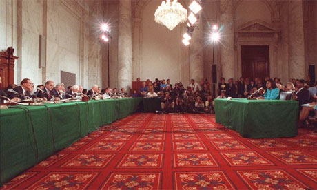 Anita Hill testifying before a senate committee regarding Clarence Thomas's supreme court nomination