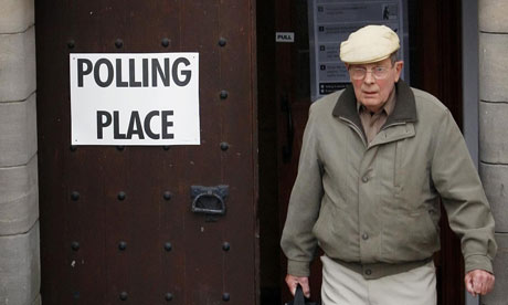 A voter outside a polling station in St Columba's Scottish Episcopal Church in Bathgate, Scotland