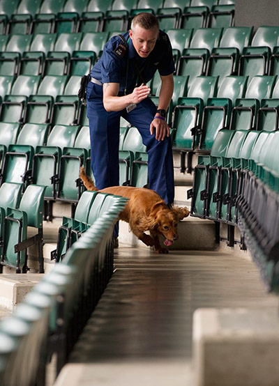 Wimbledon photo book: A policeman checks the seats on Court 1 with his sniffer dog