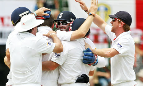 England celebrate the wicket of Simon Katich