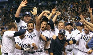 Evan Longoria and the Tampa Bay Rays celebrate