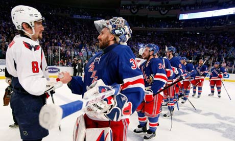 Henrik Lundqvist of New York Rangers and Alex Ovechkin of Washington Capitals